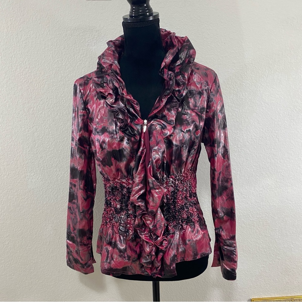 Jerry T Pink and Black Ruffled Women's Zip Front Light‎ Jacket